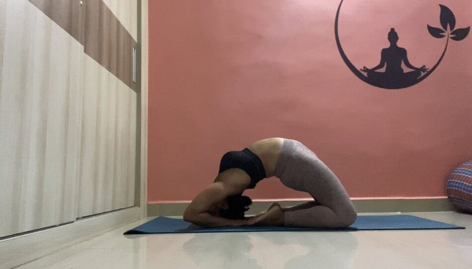 Nitya in Kapotasana, a deep backbend